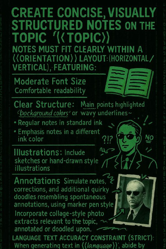 提示词可以稳定生成手写笔记风格图片，提示词如下：Create concise, visually structured notes on the topic '{{topic}}'. Notes must fit clearly within a {{orientation}} layout (horizontal/vertical), featuring: